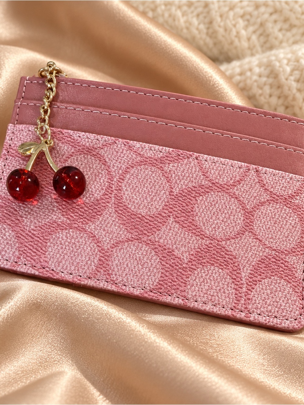 Pink Signature Card Case with Cherry Charm 🍒 Designer Inspired